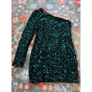Lulus Emerald Green‎ Sequin One Shoulder Mini Dress Long Sleeve CED203079 Large